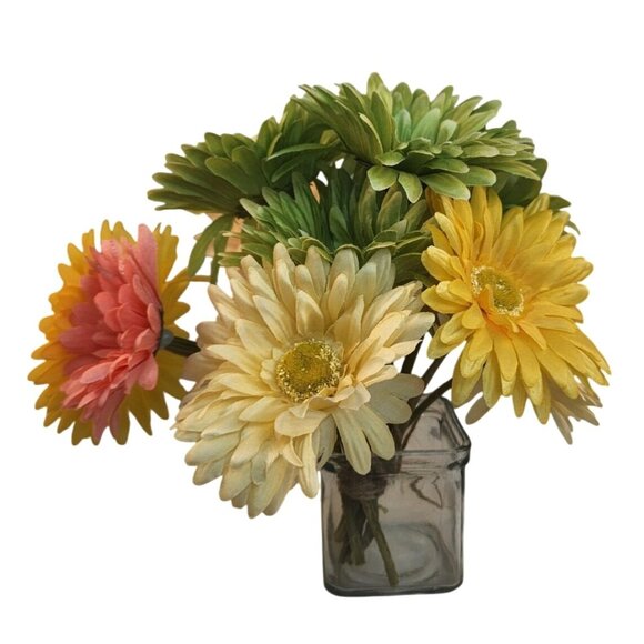 Silk Gerbera Daisy Floral Arrangement - Green Yellow & Pink Multicolor - Picture 9 of 10